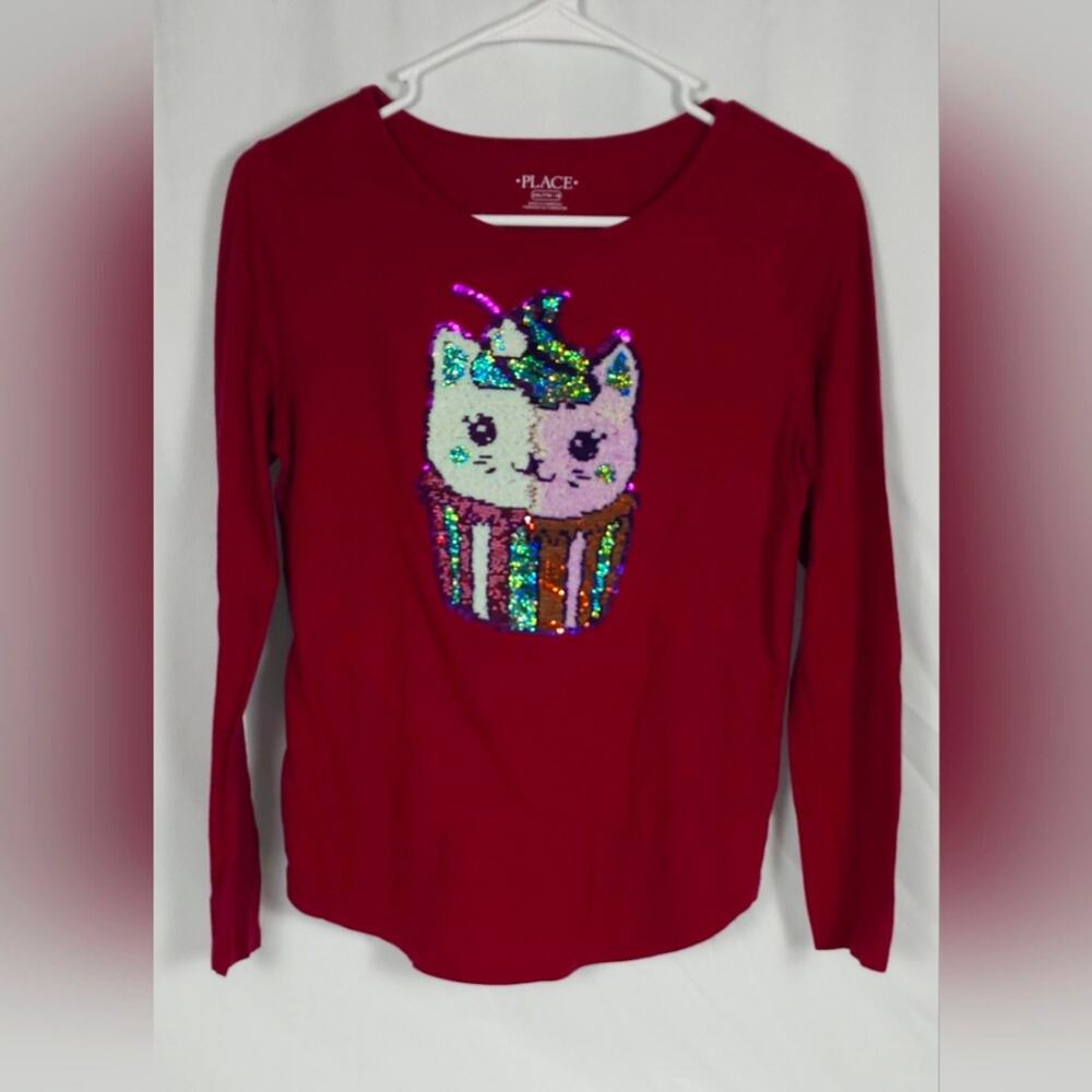 Children’s Place Girl’s Sequin Cat Tee 16 XXL Burgundy NWOT